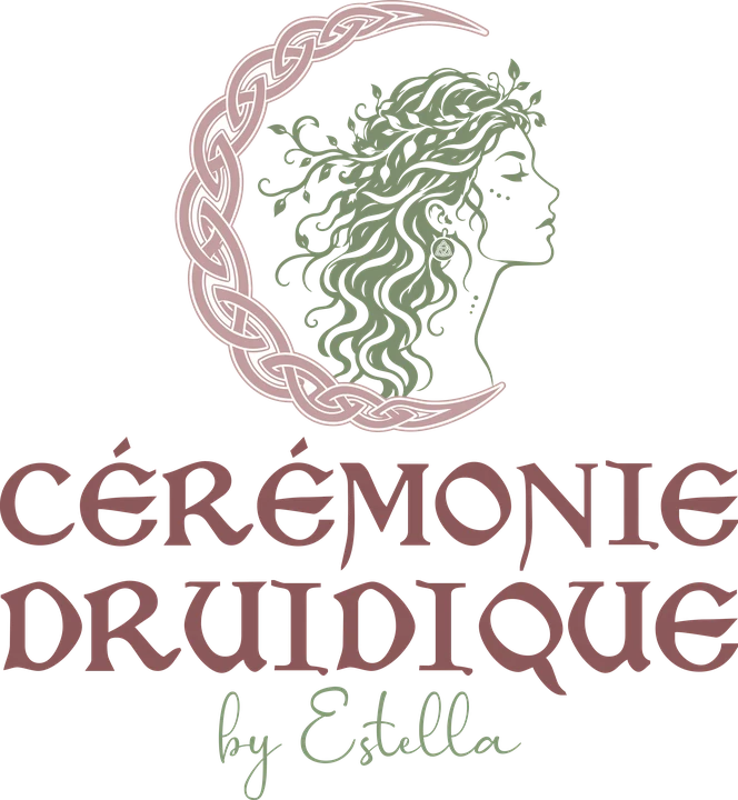 Logo Cérémonie druidique by Estella : lune celtique tressée et visage couronné de feuillages