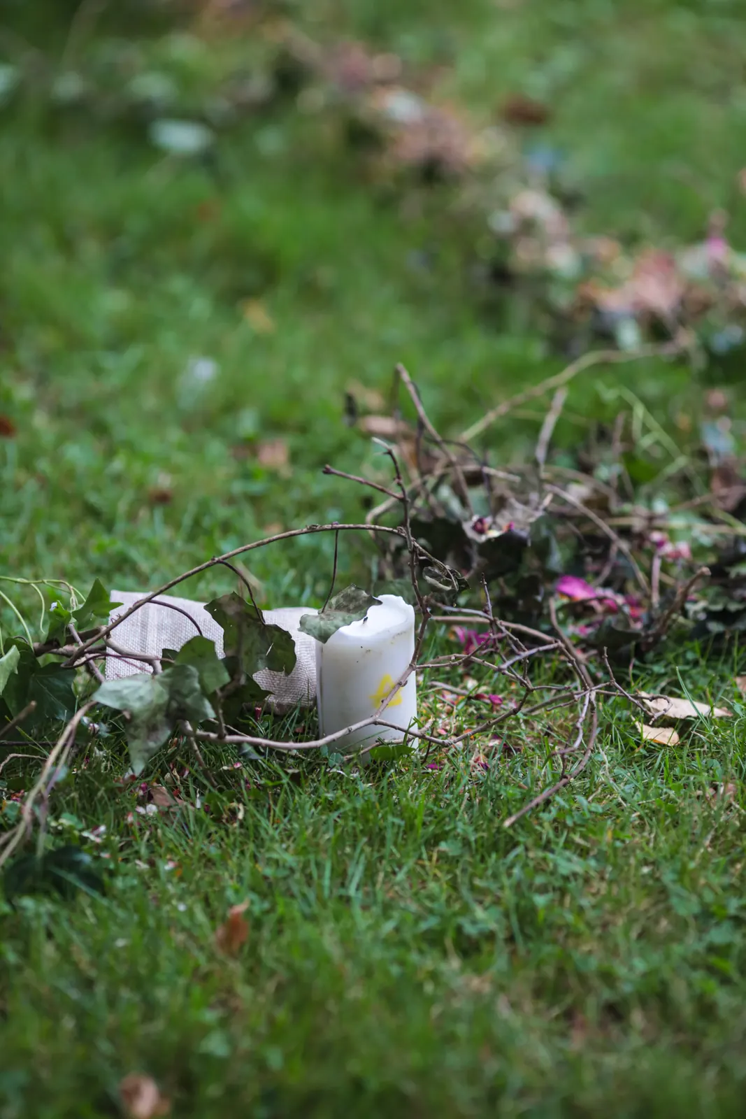 Bougie, fleurs et feuillages posés dans l'herbe pour tracer le cercle druidique